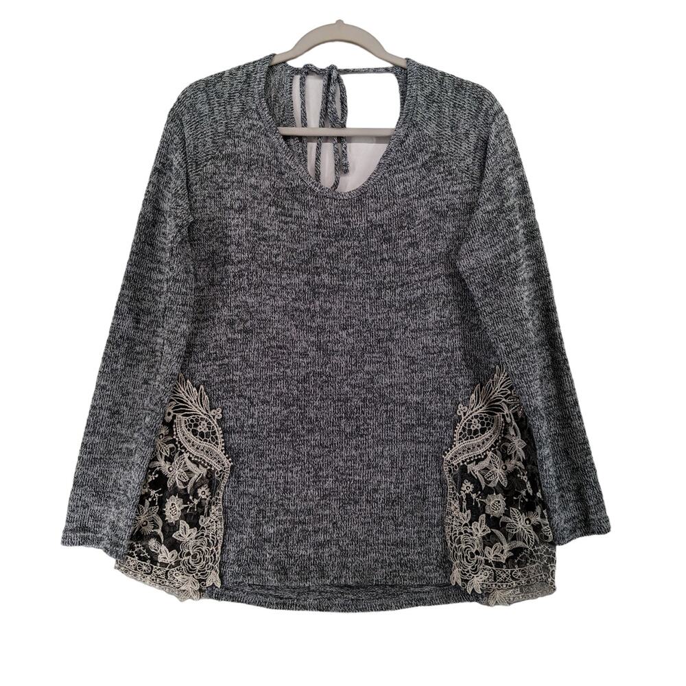 Charming Charlie Embroidered Sweater L Black Long Sleeve Accent Knit Tie in Back